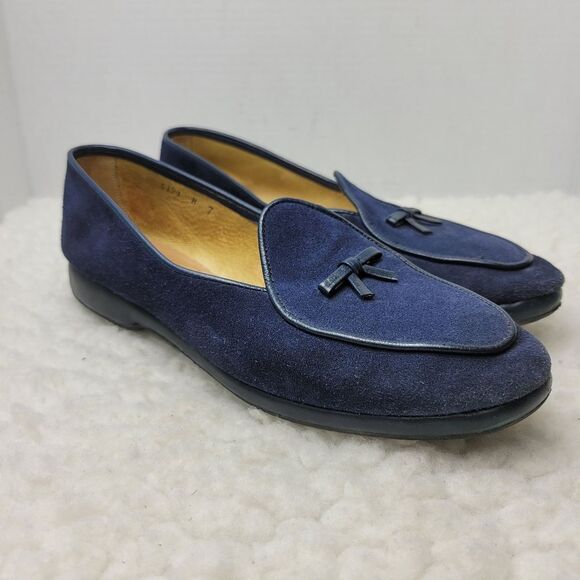 Belgian  Midinette Womsn's Slippers Shoes Size 7 Navy Blue Suede Loafers Bow Tie - Picture 1 of 12